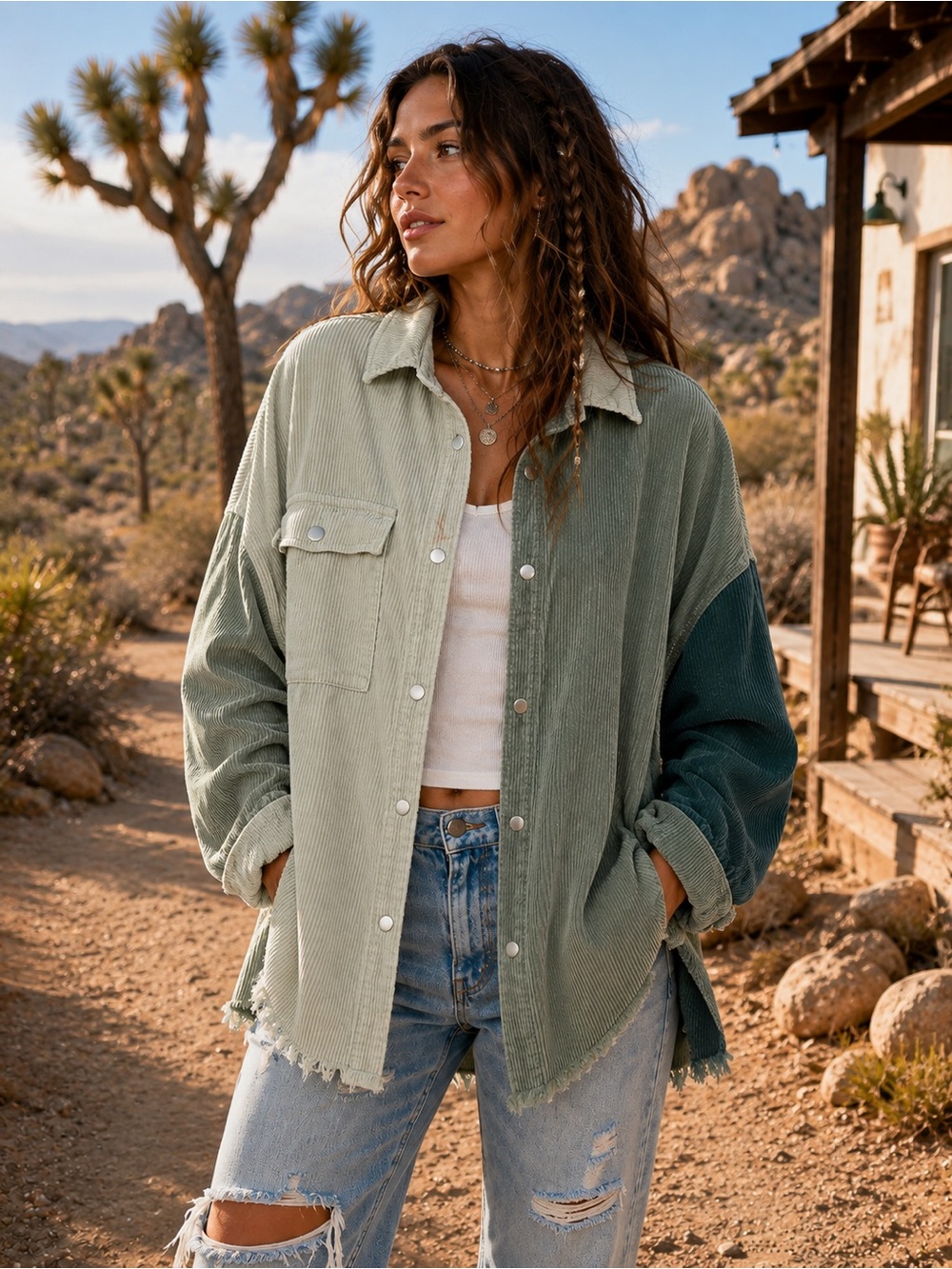 POL Two-Tone Sage Green Corduroy Shacket